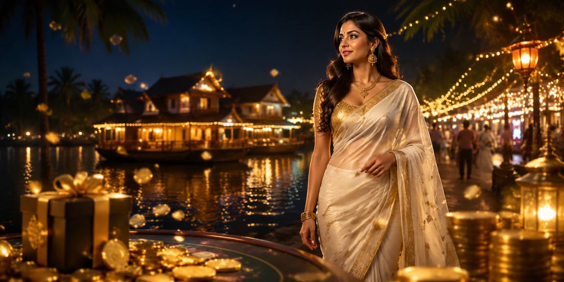 Woman playing rummy in Kerala wearing traditional saree